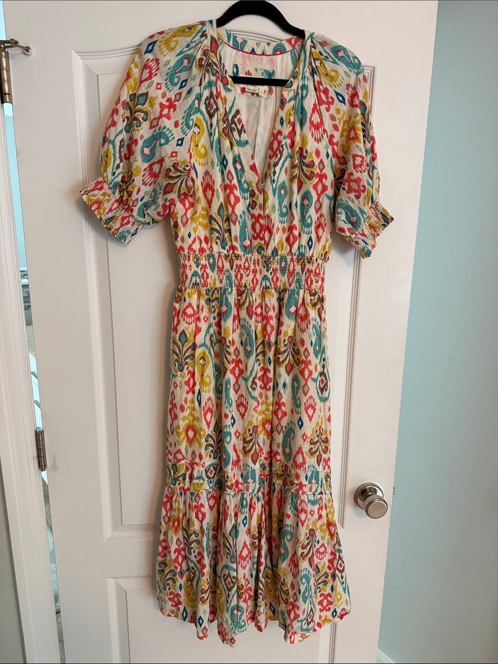 Anthropologie Multicolor Ikat Maxi Dress in Red, Teal & Yellow